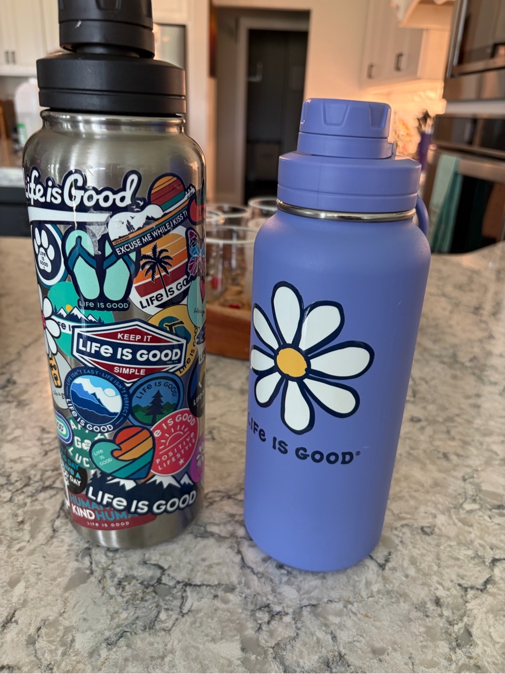 Life Is Good 40oz Collage and 32 oz Lavender Daisy Insulated Bottles